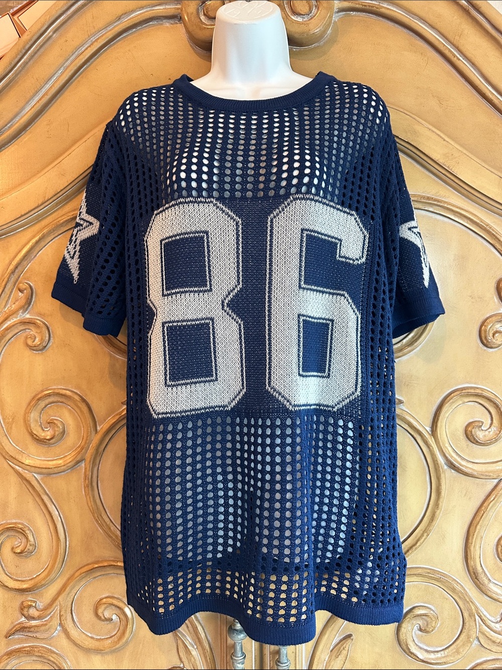 Romwe Navy Mesh Football Jersey Knit Top with White '86'